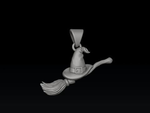 ハロウィンの魔女の帽子とほうきの棒のペンダント 3D プリントモデル 3Dプリントモデル