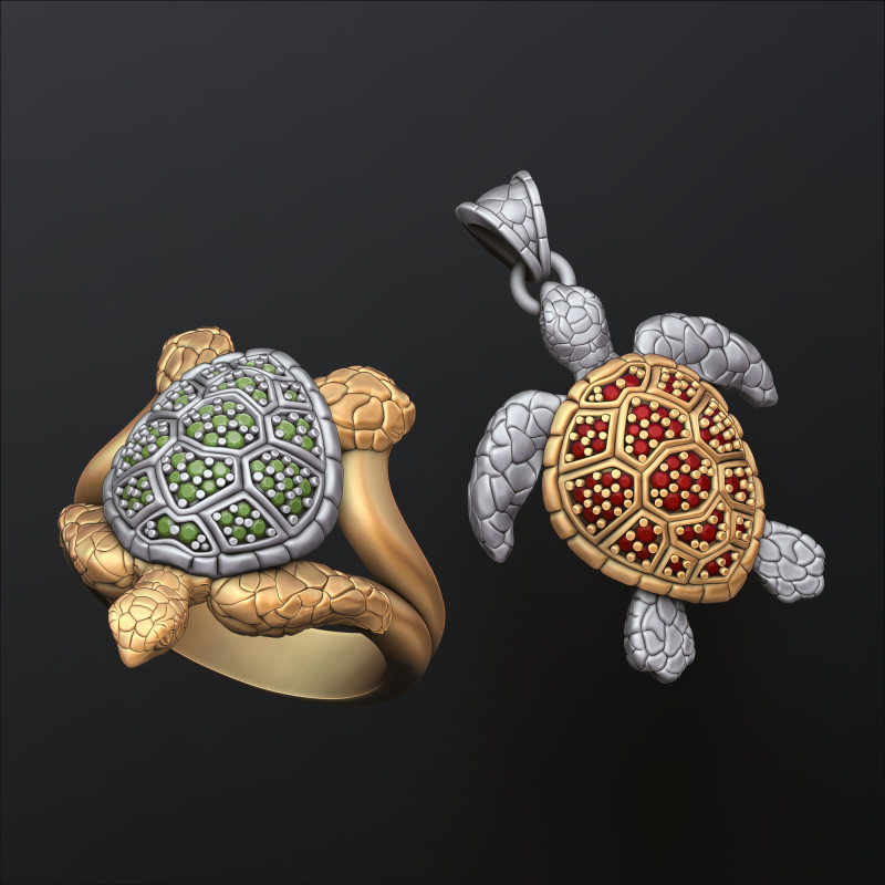 Liontin Cincin Penyu Dengan Koleksi Permata Model Cetak 3D .c4d .max .obj .3ds .fbx .stl .blend