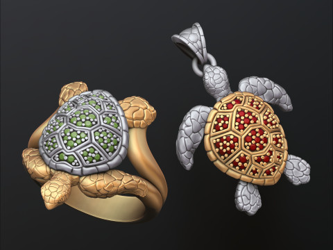 宝石コレクション付きタートルリングペンダント 3Dプリントモデル