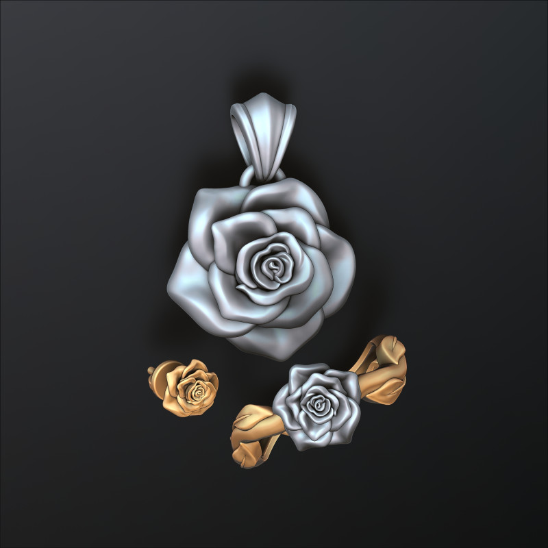 Rose Pendant Ring Earring v2 Collection Pack 3D Print Model .c4d .max .obj .3ds .fbx .stl .blend 