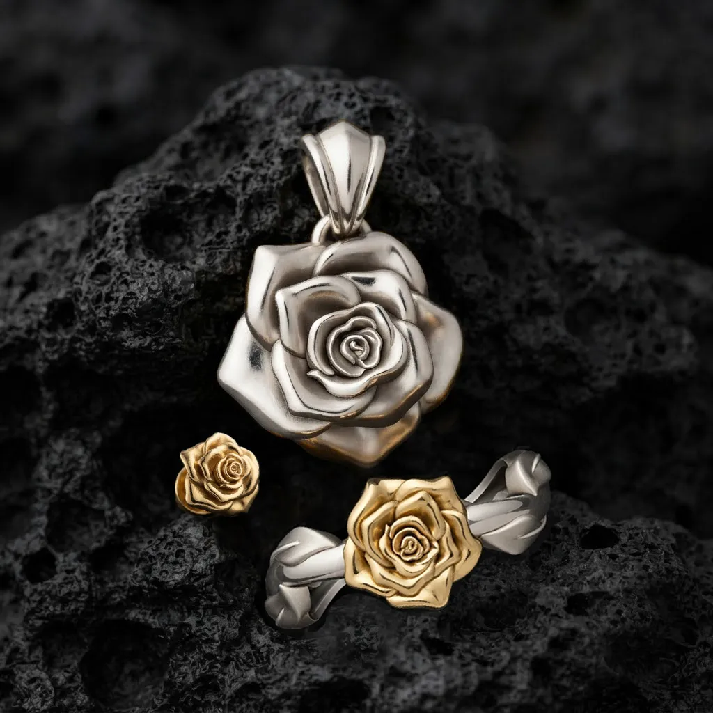 Rose Pendant Ring Earring v2 Collection Pack 3D Print Model .c4d .max .obj .3ds .fbx .stl .blend 