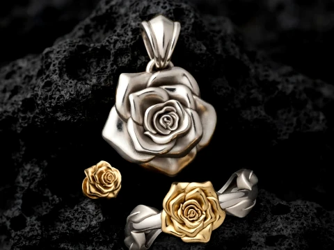 Rose Pendant Ring Earring v2 Collection Pack 3D Print Model