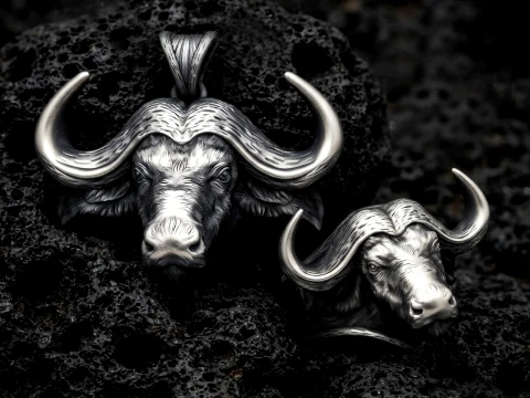 African Buffalo Ring Pendant Collection Pack 3D Print Model