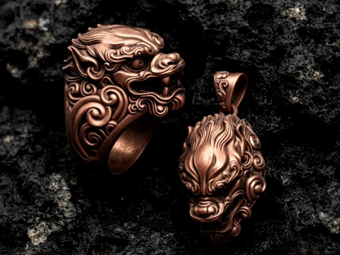 Chinese Foo Dog Lion Dragon Ring Pendant Collection Pack 3D Print Model