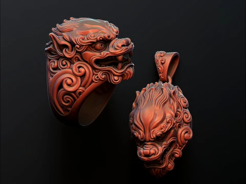 Chinese Foo Dog Lion Dragon Ring Pendant Collection Pack 3D Print Model