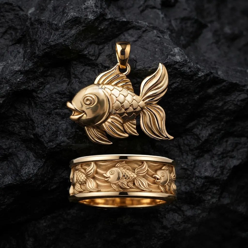 Golden Fish Pendant Ring Collection Pack 3D Print Model .c4d .max .obj .3ds .fbx .stl .blend 