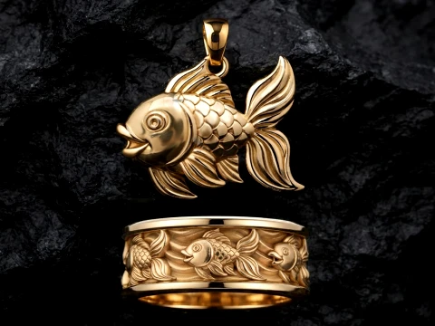 Golden Fish Pendant Ring Collection Pack 3D Druckmodell