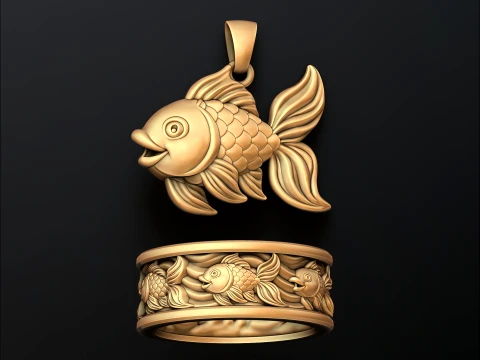 Golden Fish Pendant Ring Collection Pack 3D Print Model