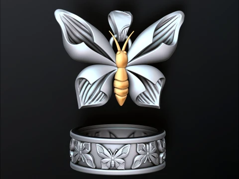 Butterfly Ring v2 and Butterfly Pendant Collection Pack 3D Print Model