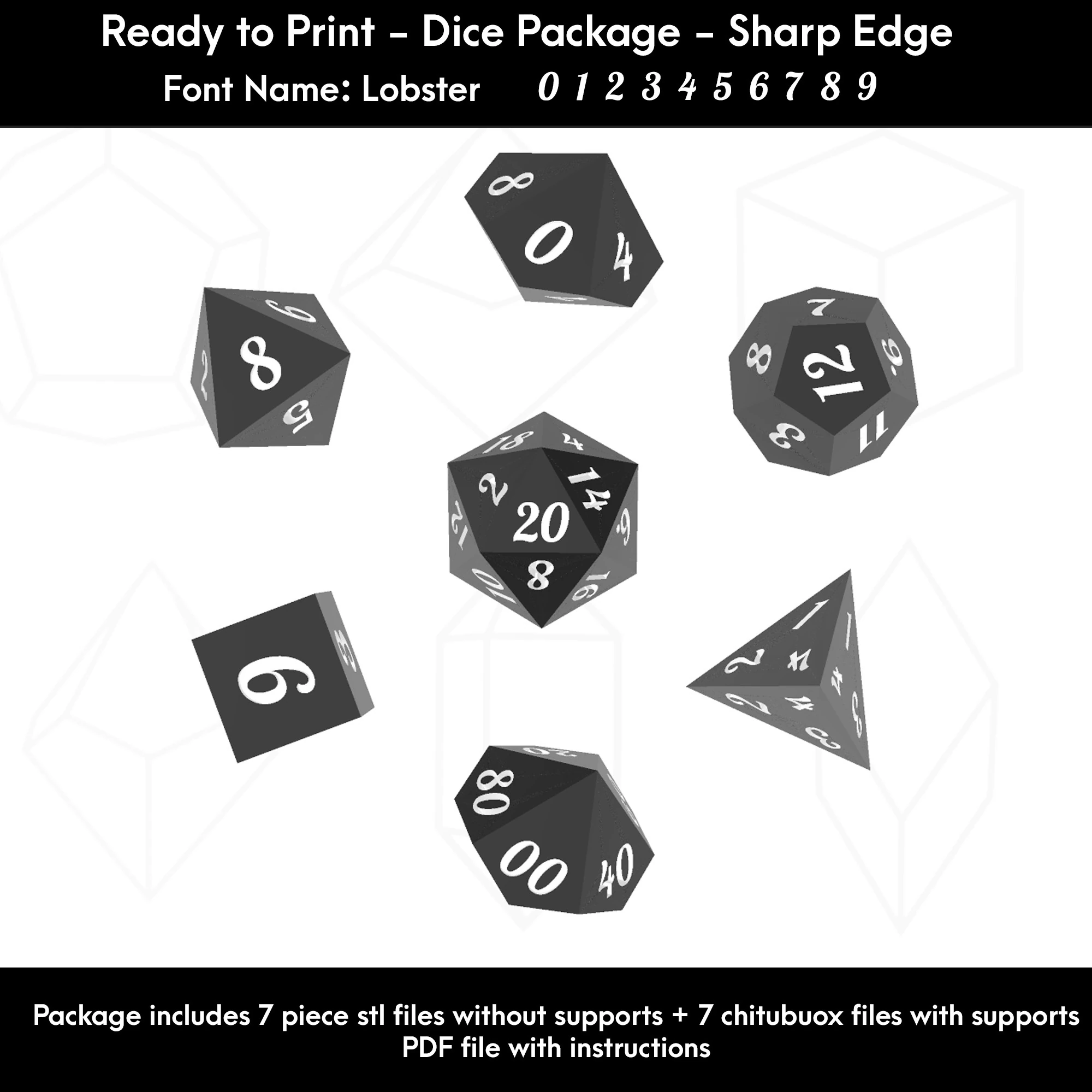 Dice Masters 7 Piece Set Presupported STL Files for 3D Printing Lobster Font 3D Print Model .c4d .max .obj .3ds .fbx .stl .blend 