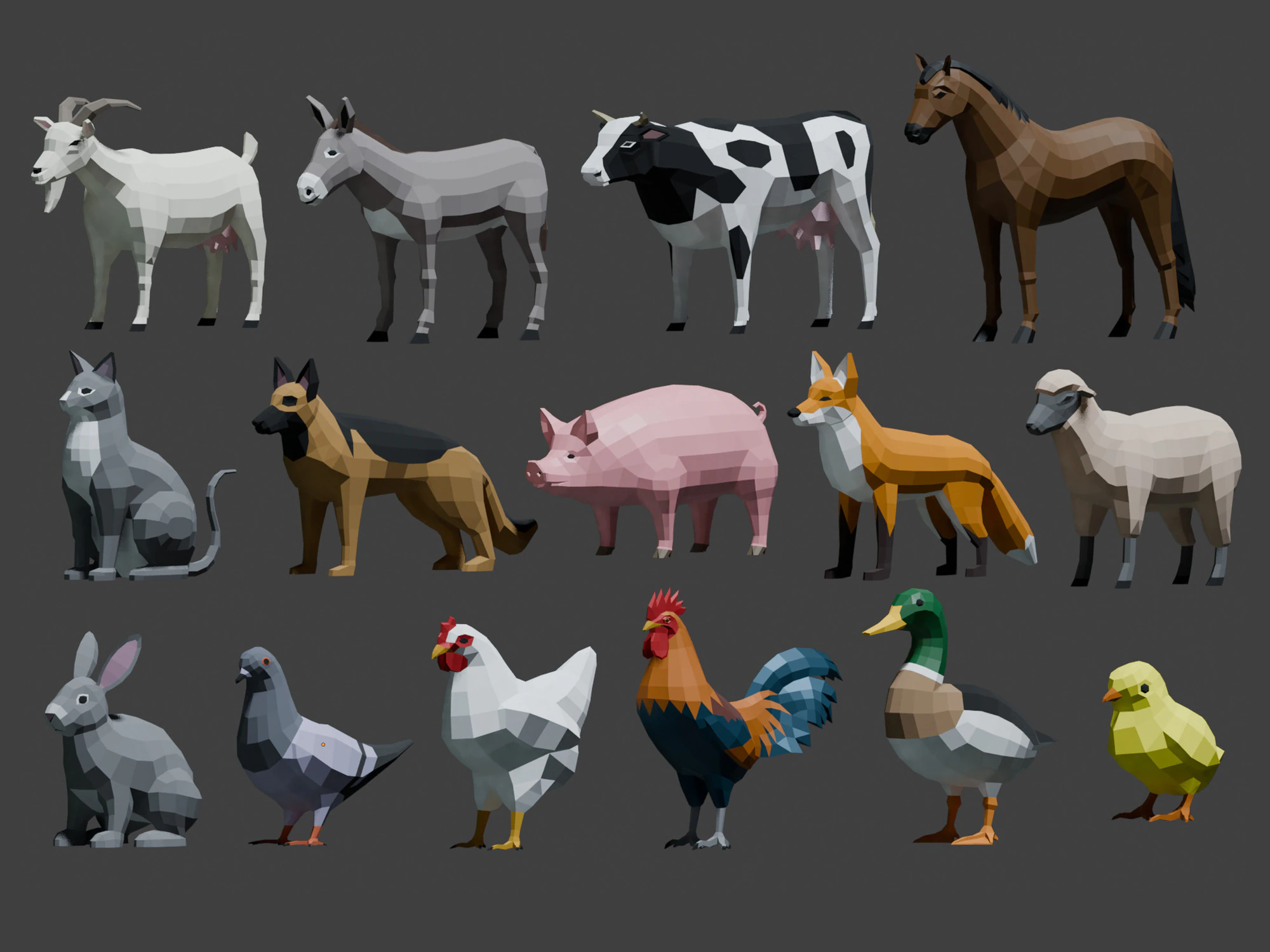 Farm Animals Lowpoly 3D Model .c4d .max .obj .3ds .fbx .stl .blend 