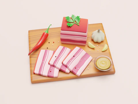 Stylized pork salo on a cutting board 3D Model