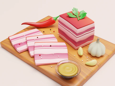 Stylized pork salo on a cutting board 3D Model