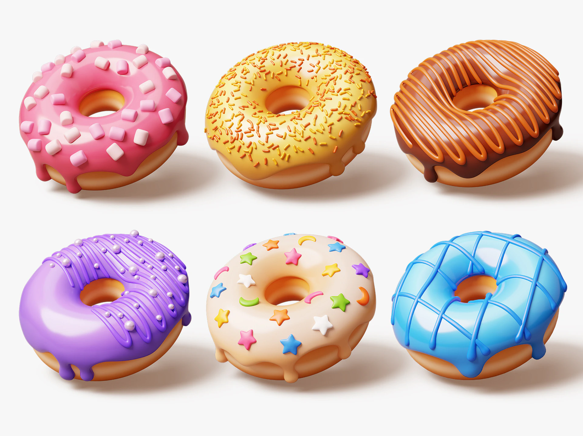 Set of Stylized Colorful Donuts 3D Model .c4d .max .obj .3ds .fbx .stl .blend 