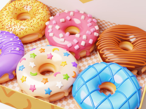 Box of Colorful Donuts Stylized 3D Model