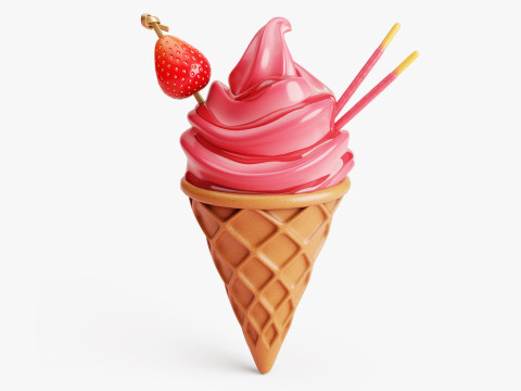 Strawberry Ice Cream Cone 3D Model
