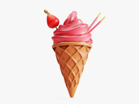 Strawberry Ice Cream Cone 3D Model