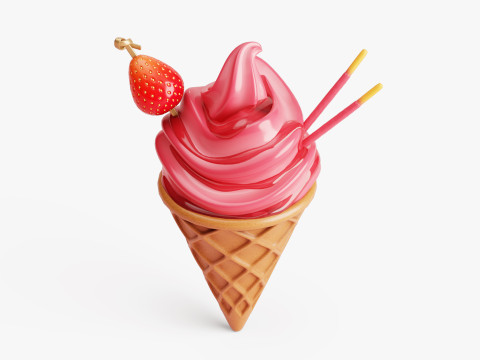Strawberry Ice Cream Cone Model 3D