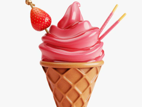 Strawberry Ice Cream Cone 3D Model