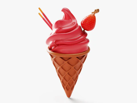 Strawberry Ice Cream Cone 3D Model