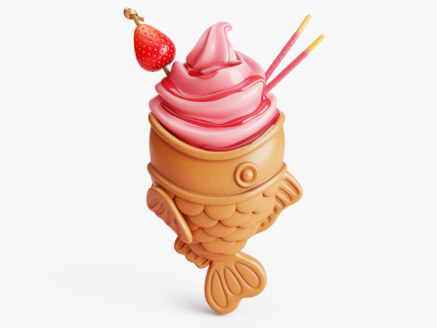 Strawberry Taiyaki Ice Cream Stylized 3D Модель