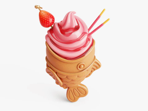 Strawberry Taiyaki Ice Cream Stylized 3D Model