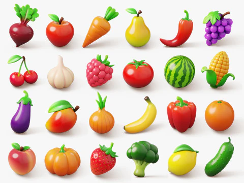 Paket Buah dan Sayuran Bergaya Model 3D