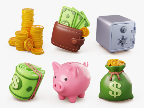 Stylized Money Icons 3D Collection 3D Model