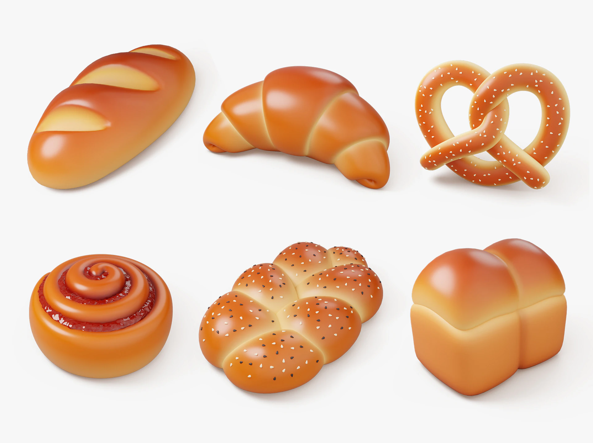Bakery Bread and Bun 3D Icon Set 3D Model .c4d .max .obj .3ds .fbx .stl .blend 
