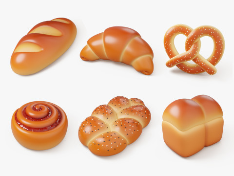 Bakery Bread and Bun 3D Icon Set 3D Model