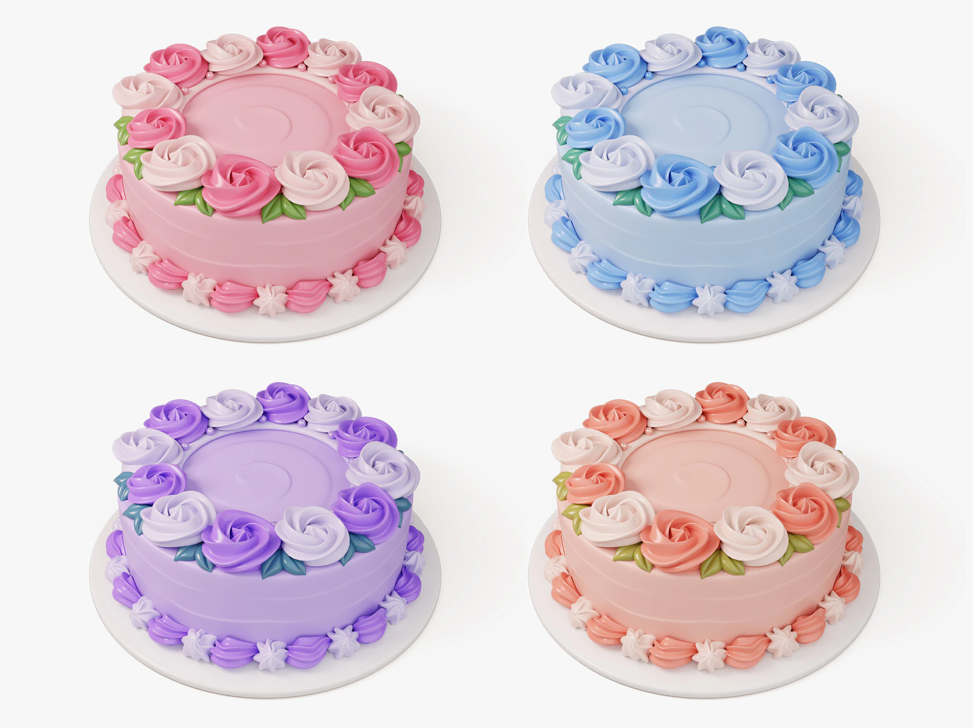 Flower Cake Set 3D Model .c4d .max .obj .3ds .fbx .stl .blend