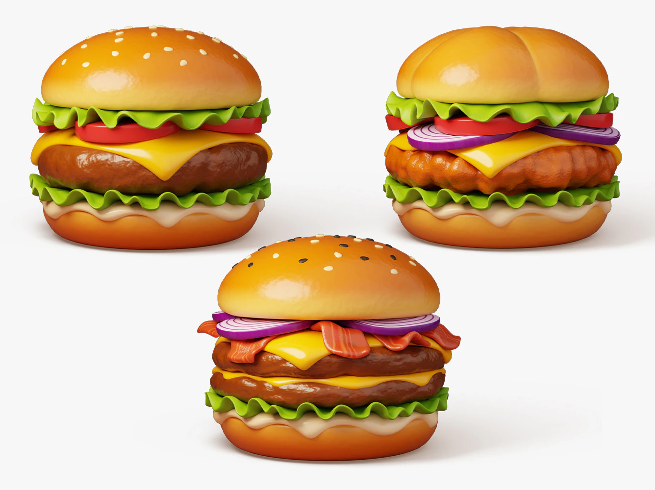 Burger Trio Pack 3D Model .c4d .max .obj .3ds .fbx .stl .blend 