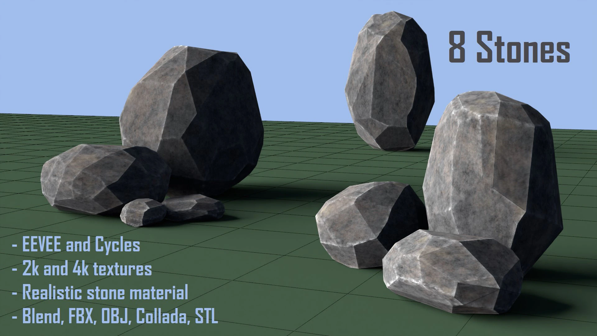 Pack of 8 Low-Poly Stones 3D Model .c4d .max .obj .3ds .fbx .stl .blend 