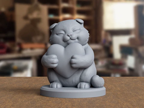 Stilisiertes 3D-Druckmodell einer herzhaltenden Katzenstatue 3D Druckmodell