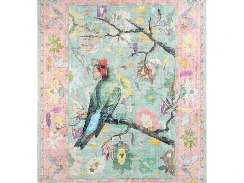 Tapete Apollo Botanical Birds Ushak Tropical Verde Multicolorido Modelo 3D