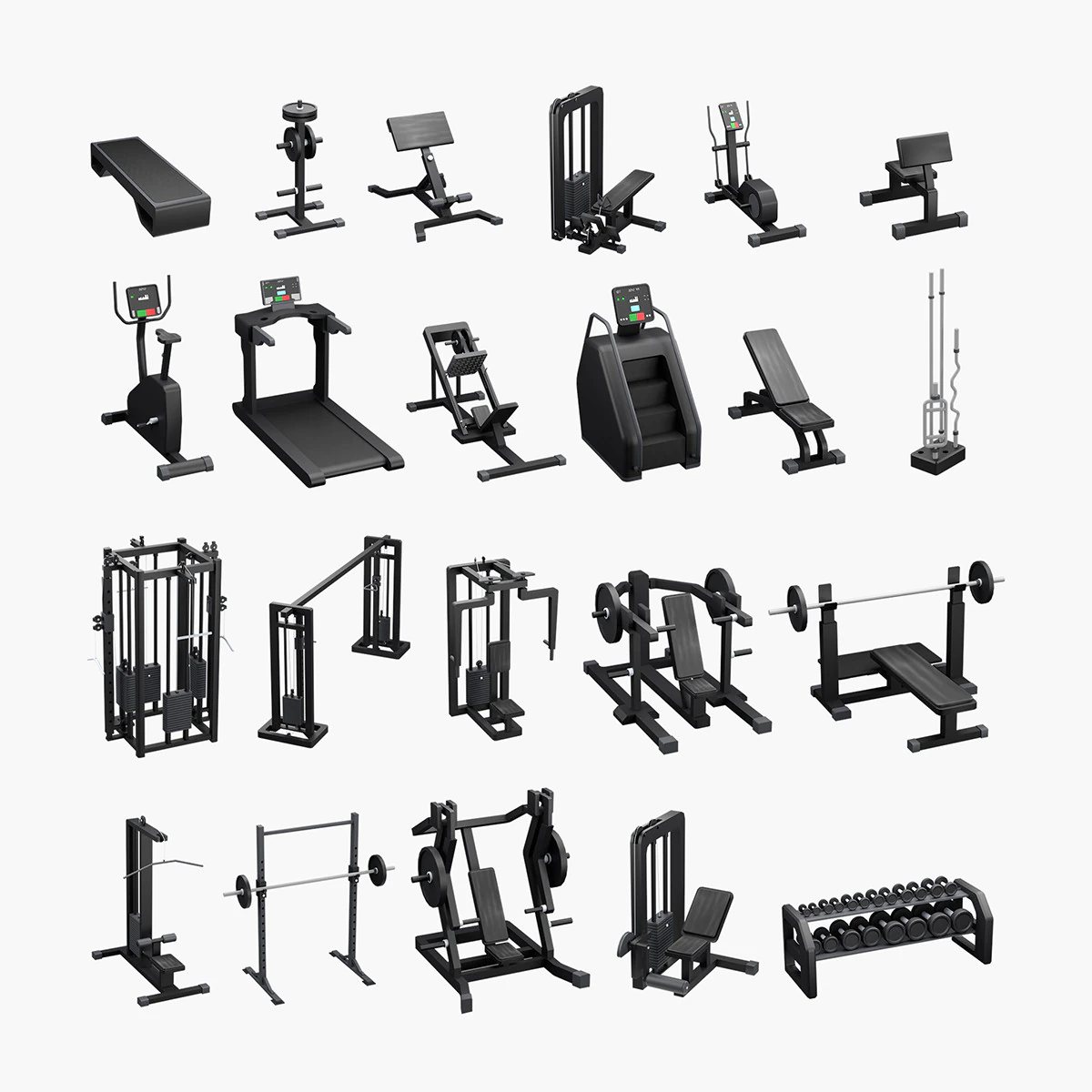 Low Poly Gym Equipments 3D Model .c4d .max .obj .3ds .fbx .stl .blend 