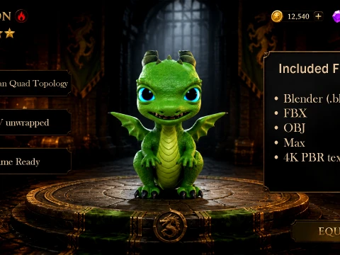 Cute Baby Green Dragon Low-poly 3D Model