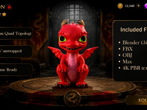Cute Baby Red Dragon Stylized Fantasy Creature Low-poly 3D Model