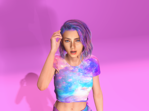 Stylized 3D Female Model with Galaxy-Themed Outfit 3D Model