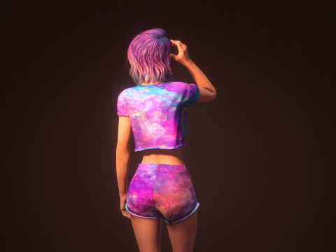 Stylized 3D Female Model with Galaxy-Themed Outfit 3D Model