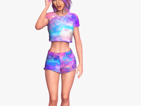 Stylized 3D Female Model with Galaxy-Themed Outfit 3D Model