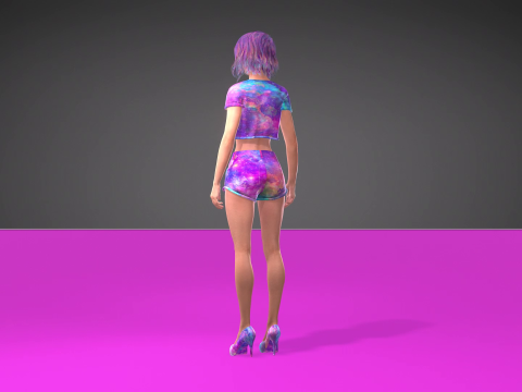 Stylized 3D Female Model with Galaxy-Themed Outfit 3D Model