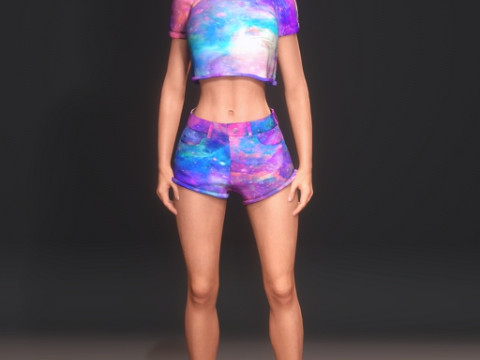 Stylized 3D Female Model with Galaxy-Themed Outfit 3D Model
