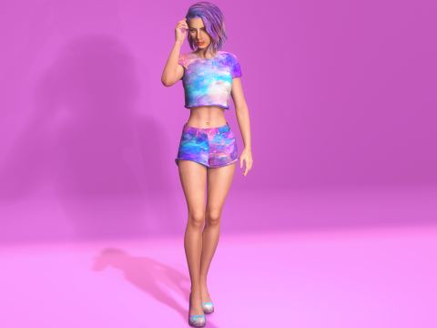 Stylized 3D Female Model with Galaxy-Themed Outfit 3D Model