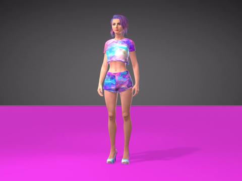 Stylized 3D Female Model with Galaxy-Themed Outfit 3D Model