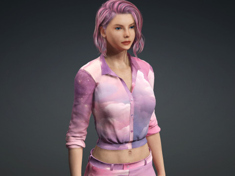 Stylish Female 3D Character Cloud-Themed Outfit Pink Hair Realistic Render Ready 3D Модель