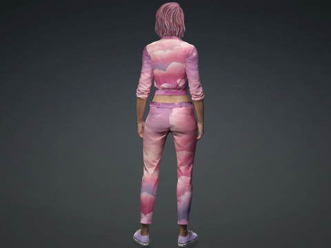 Stylish Female 3D Character Cloud-Themed Outfit Pink Hair Realistic Render Ready 3D Модель