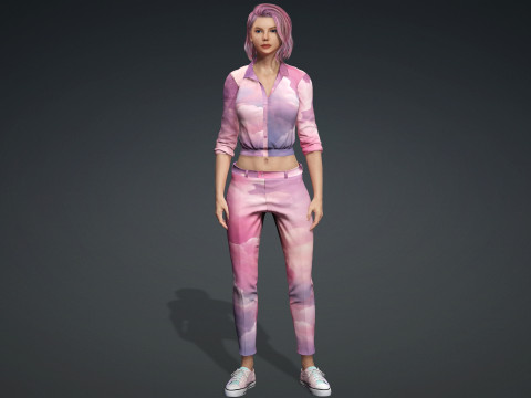 Stylish Female 3D Character Cloud-Themed Outfit Pink Hair Realistic Render Ready 3D Модель
