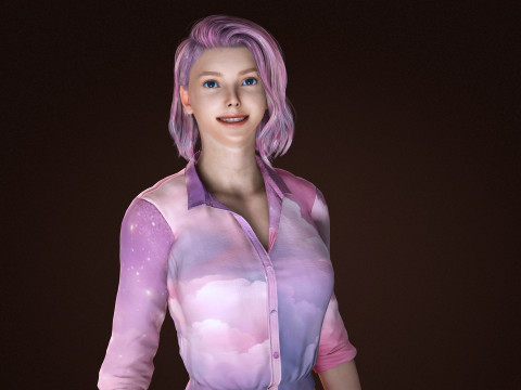 Stylish Female 3D Character Cloud-Themed Outfit Pink Hair Realistic Render Ready 3D Модель