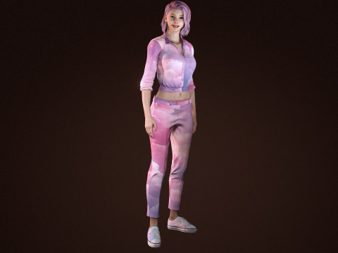 Stylish Female 3D Character Cloud-Themed Outfit Pink Hair Realistic Render Ready 3D Модель